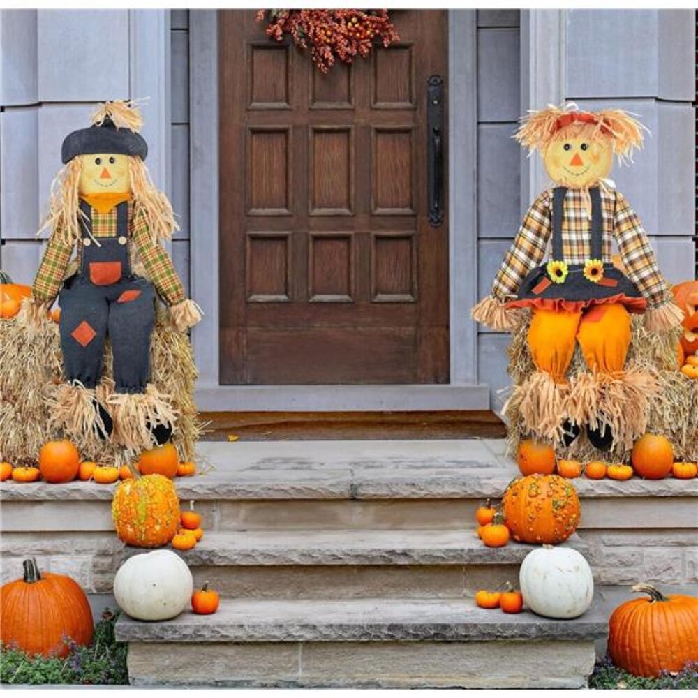 Thanksgiving Sitting Scarecrow Decor Set of 2 Large 50 Inch Boy Girl Couple - Picture 2 of 8